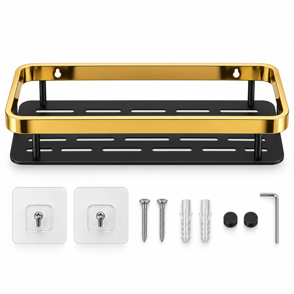 Organizador de baño de aluminio negro y dorado