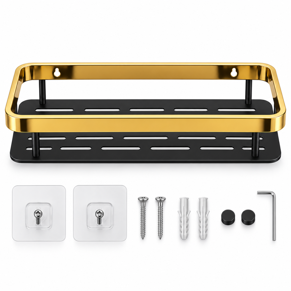 Organizador de baño de aluminio negro y dorado