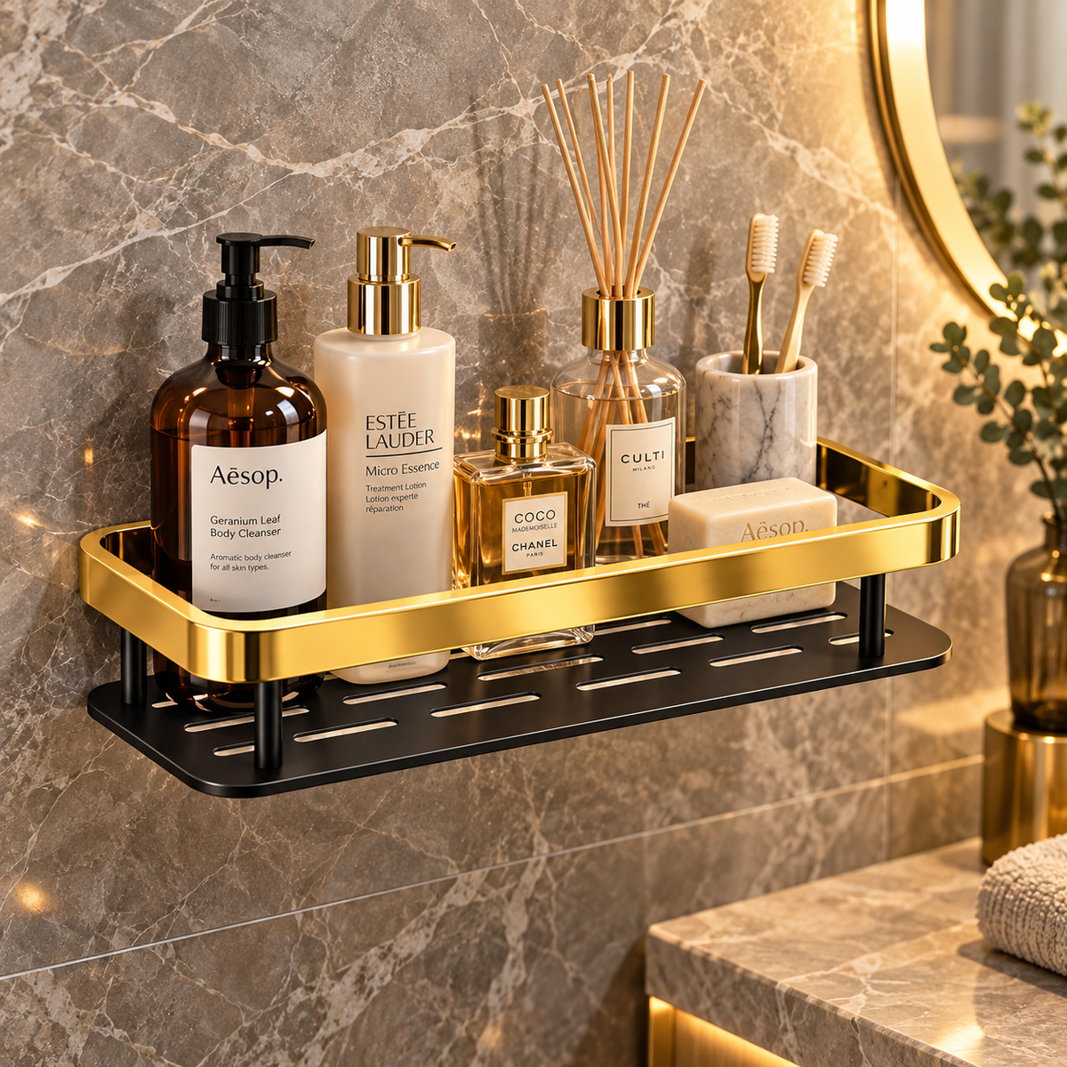 Organizador de baño de aluminio negro y dorado